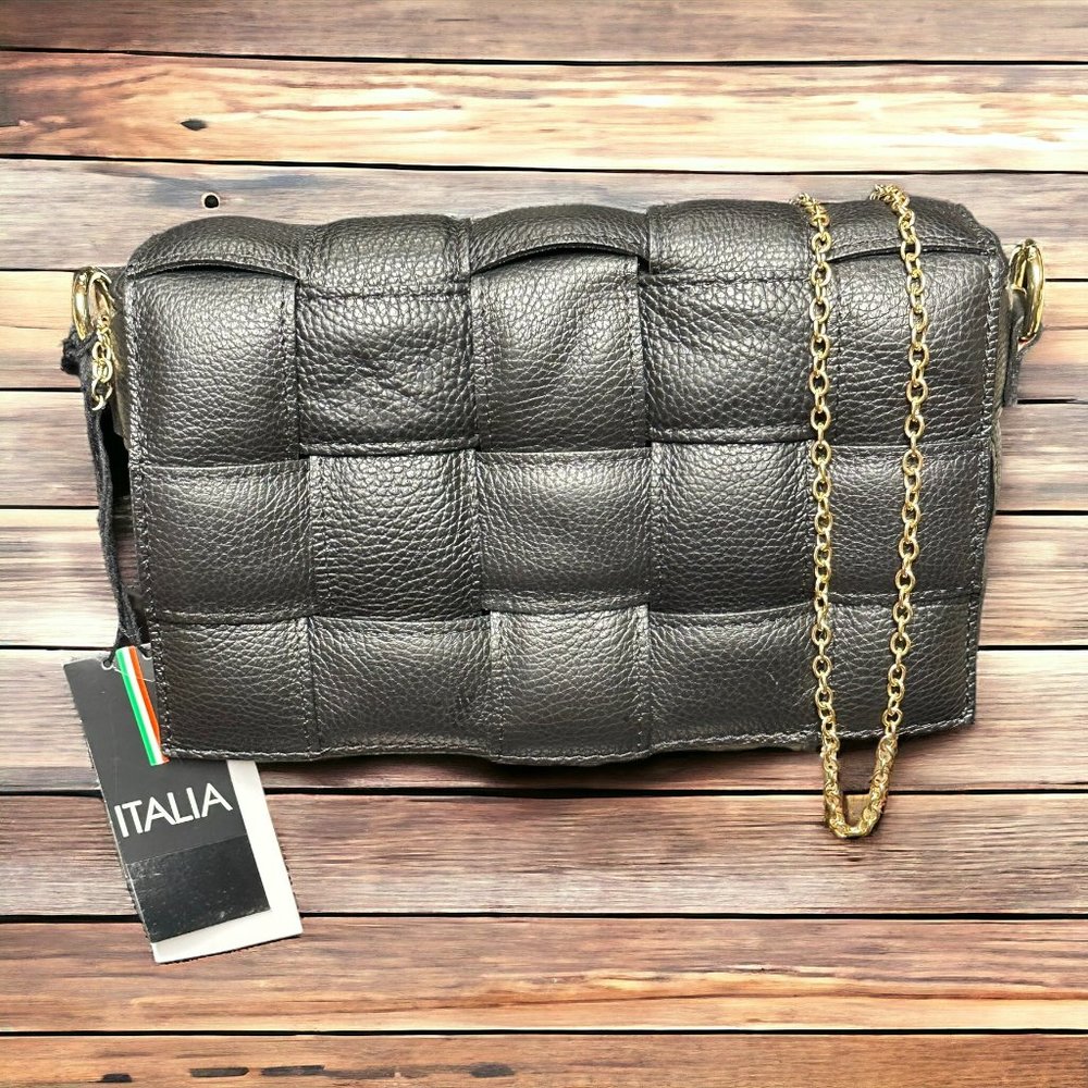 NWT Chiara Ferretti Genuine Italian Leather Padded Woven Cassette Bag - Black
